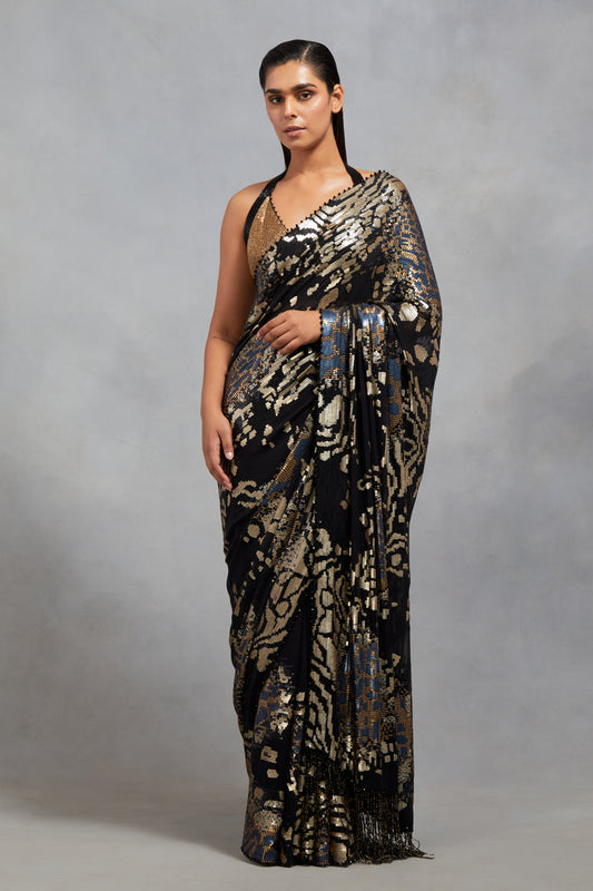 Sari Set in Sequin Embroidery in Tiger Leopard Design