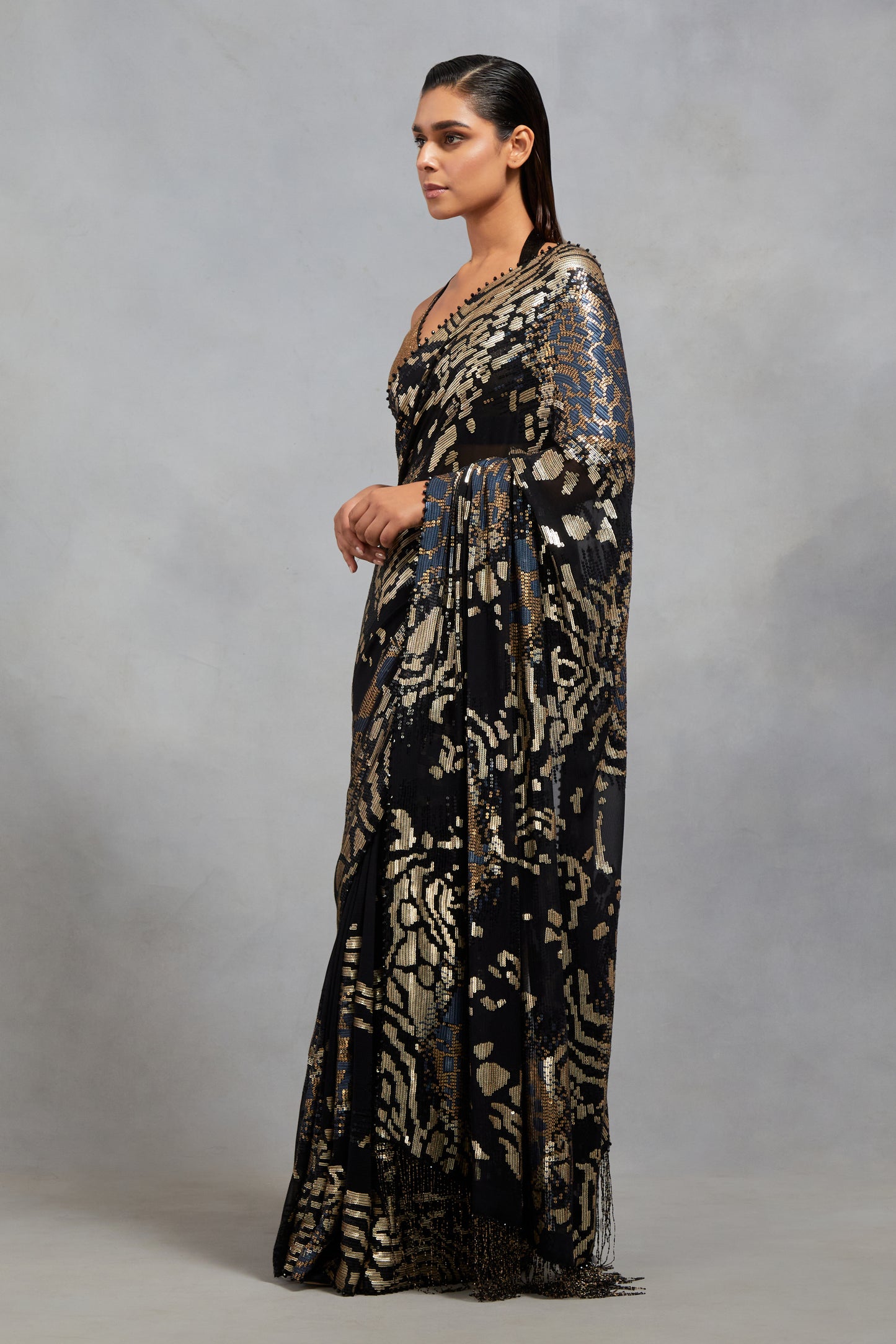 Sari Set in Sequin Embroidery in Tiger Leopard Design