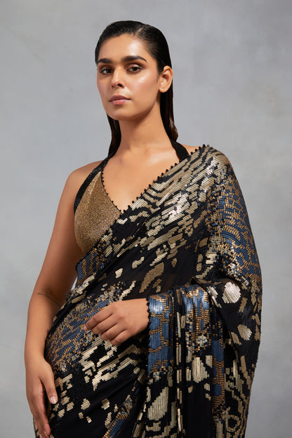 Sari Set in Sequin Embroidery in Tiger Leopard Design