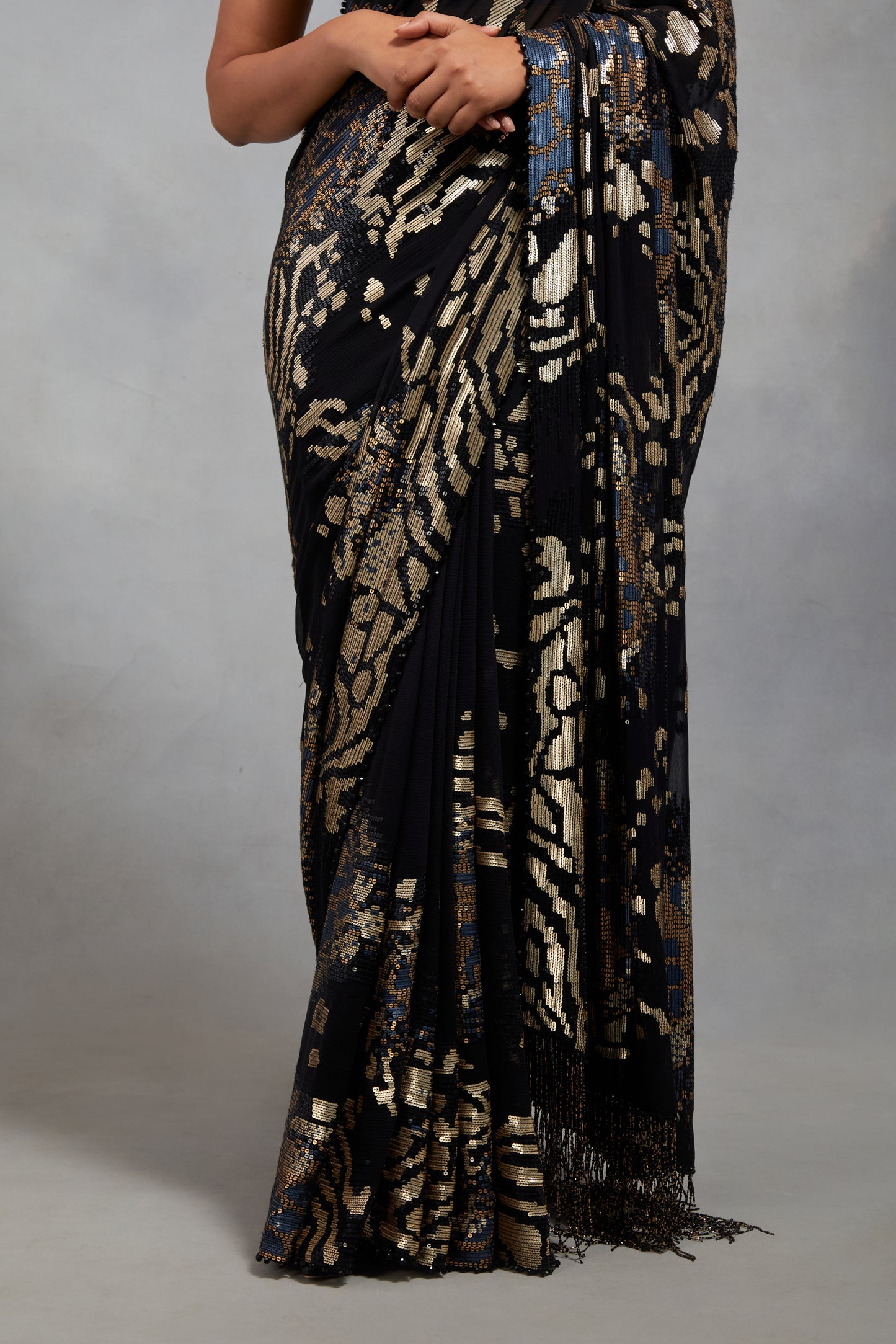 Sari Set in Sequin Embroidery in Tiger Leopard Design