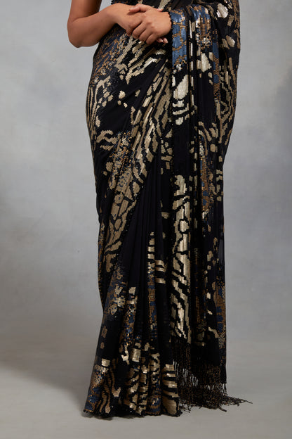 Sari Set in Sequin Embroidery in Tiger Leopard Design