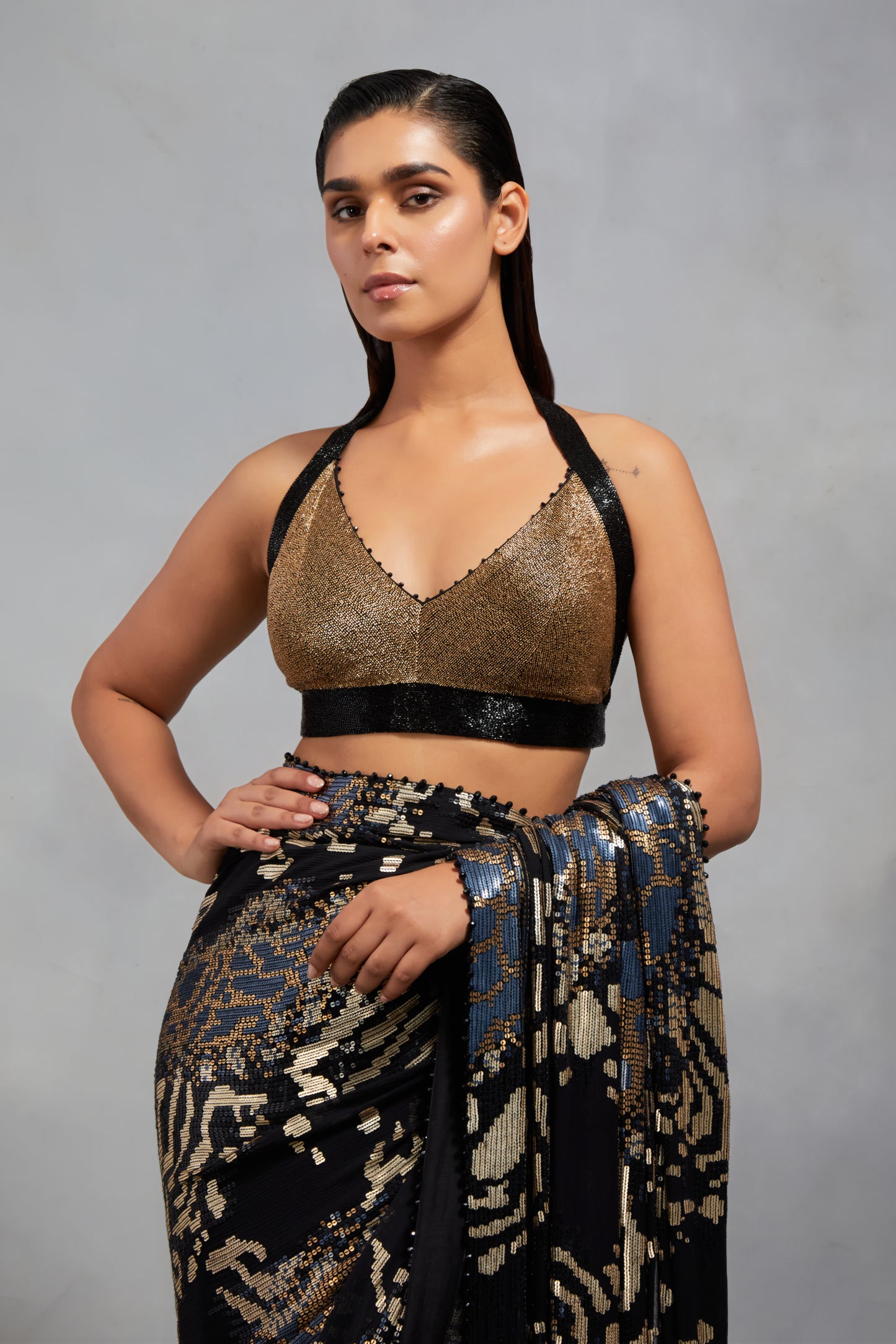 Sari Set in Sequin Embroidery in Tiger Leopard Design