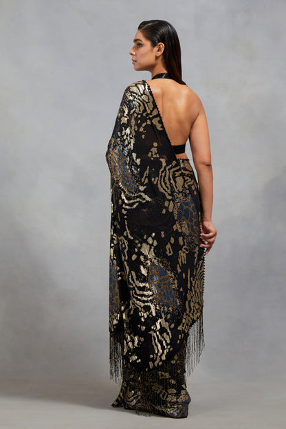 Sari Set in Sequin Embroidery in Tiger Leopard Design