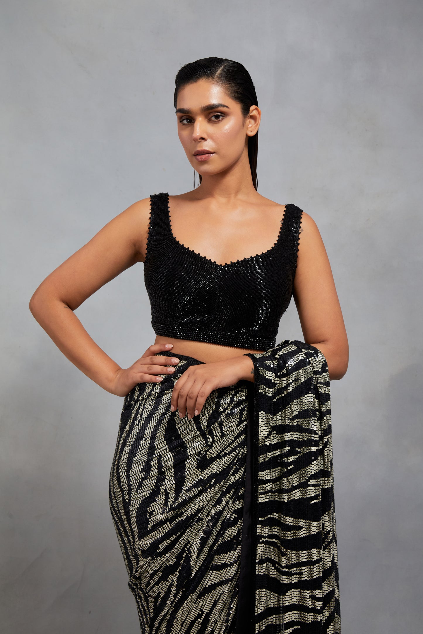 Sari Set in sequin embroidery in the iconic black and white Design