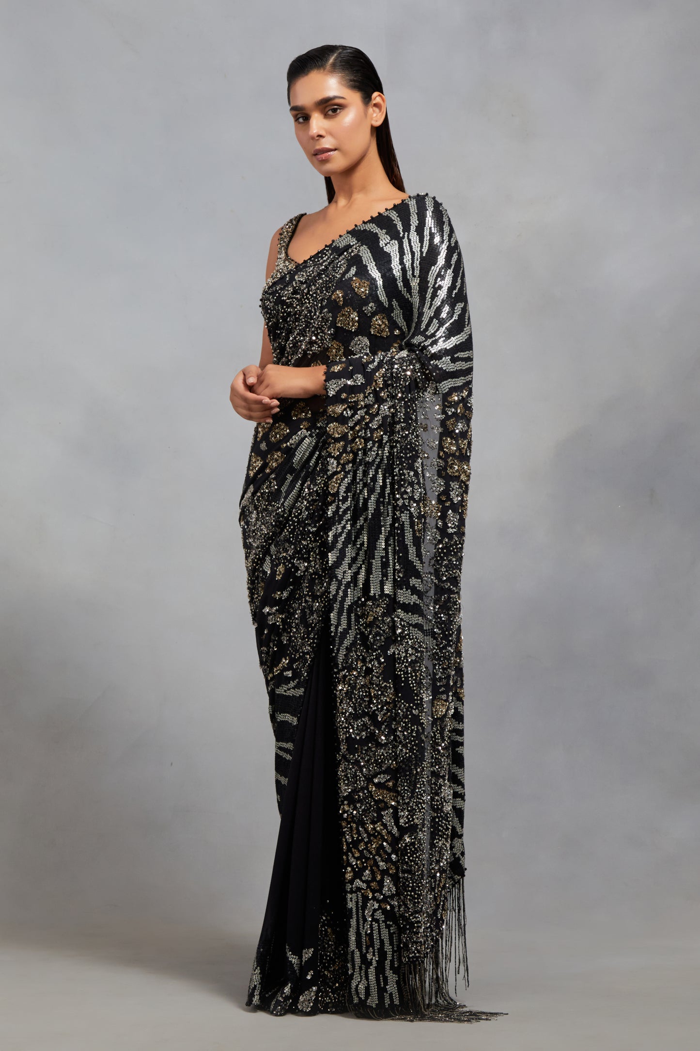 Sari Set In Sequin Embroidery in an Alligator Design Texture