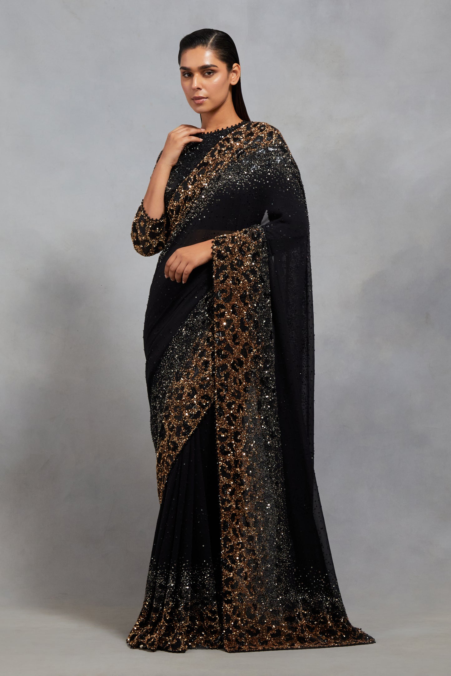 Sari Set in Sprinkle Sequin Embroidery in a Leopard Design Pattern