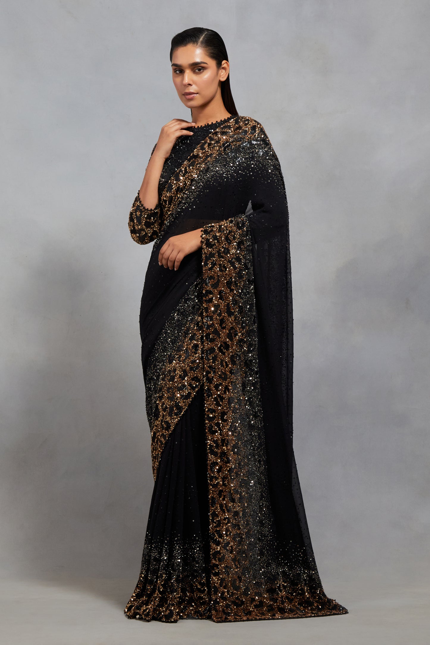 Sari Set in Sprinkle Sequin Embroidery in a Leopard Design Pattern