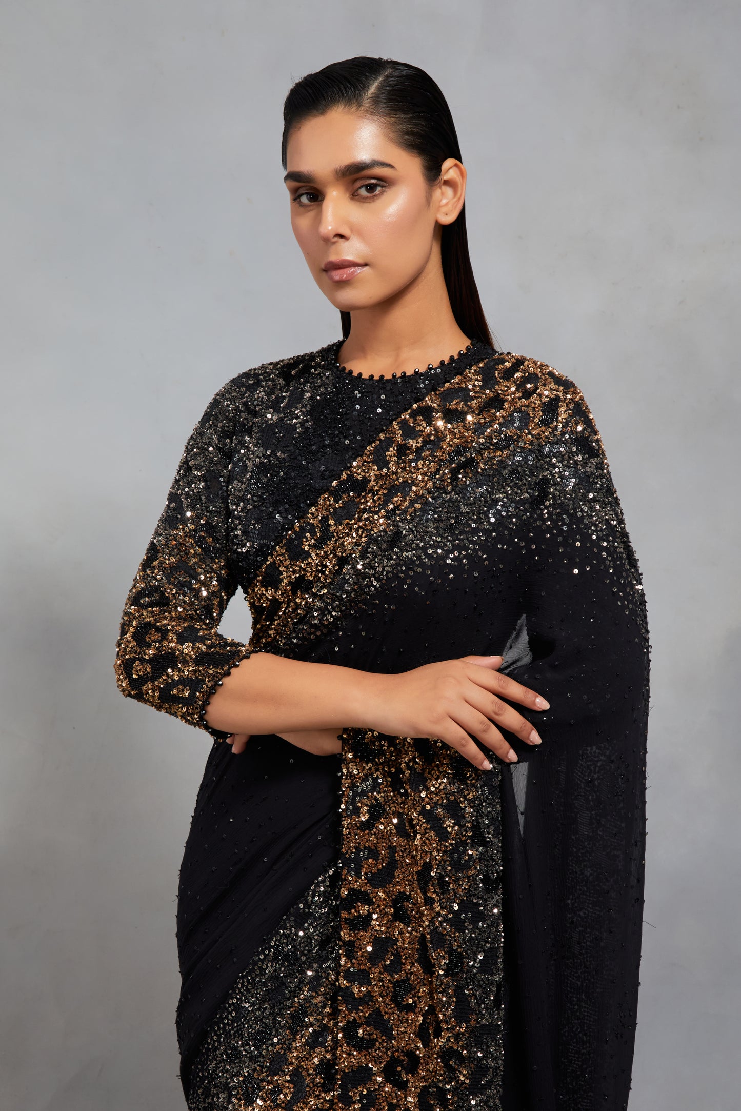 Sari Set in Sprinkle Sequin Embroidery in a Leopard Design Pattern