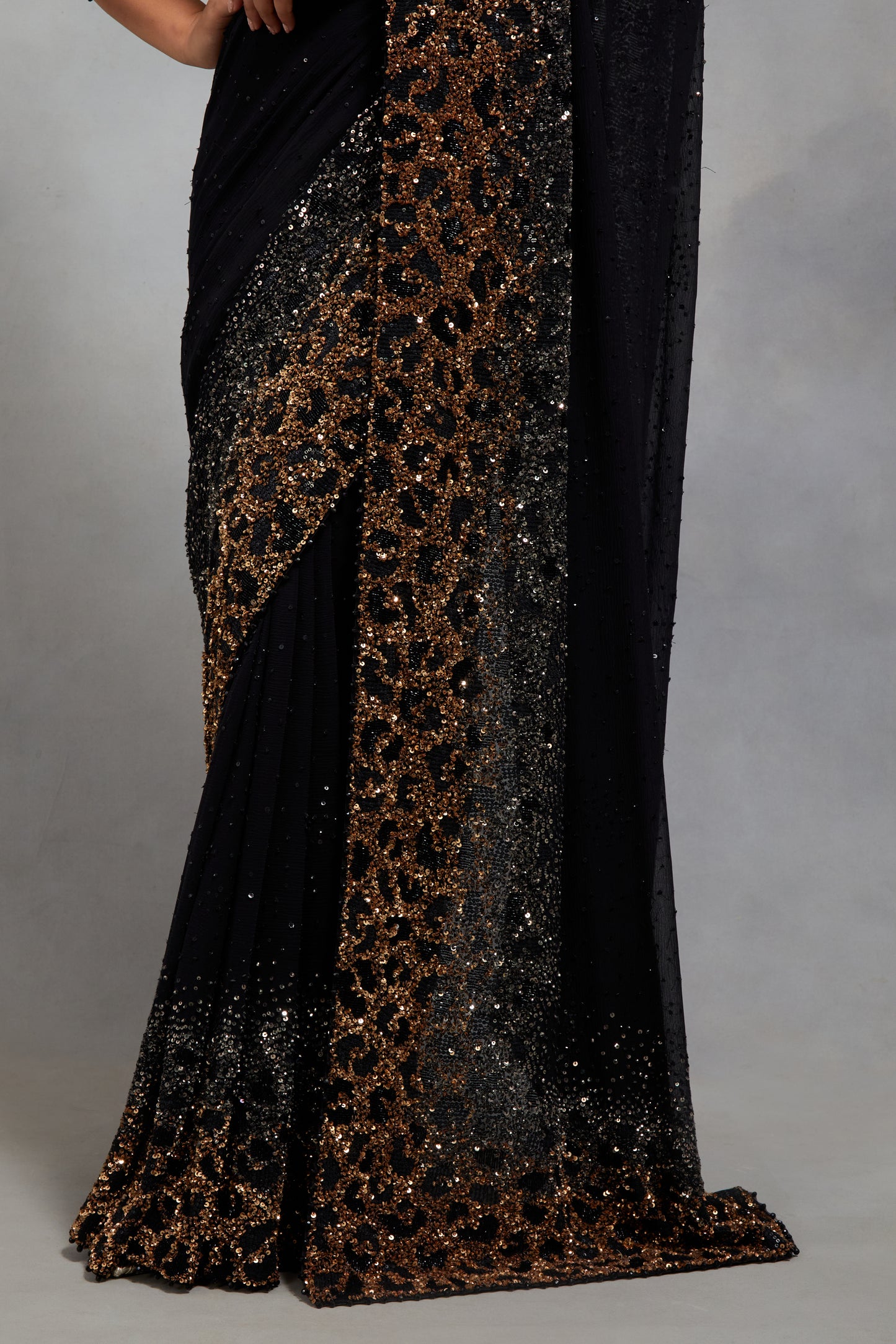 Sari Set in Sprinkle Sequin Embroidery in a Leopard Design Pattern