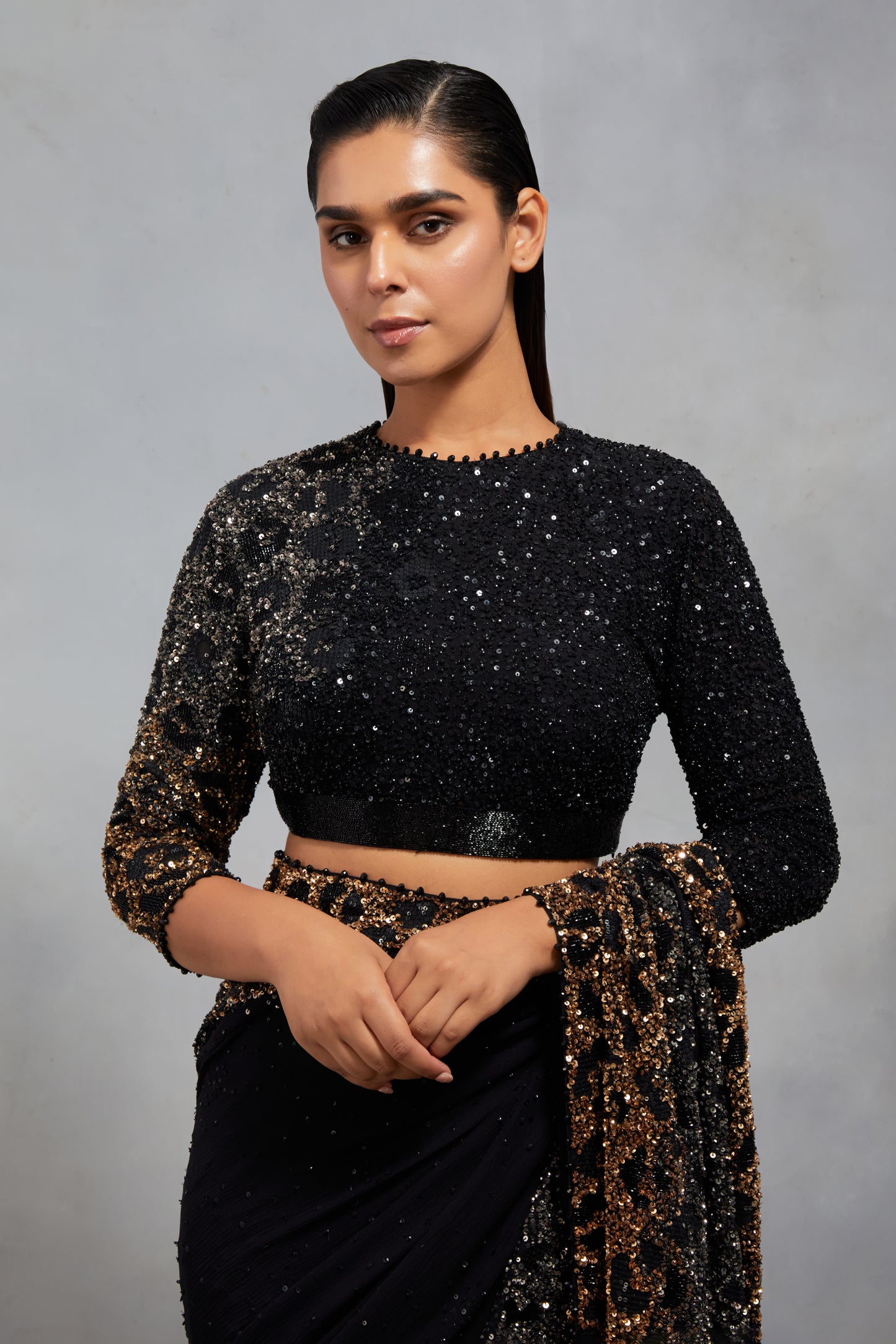 Sari Set in Sprinkle Sequin Embroidery in a Leopard Design Pattern