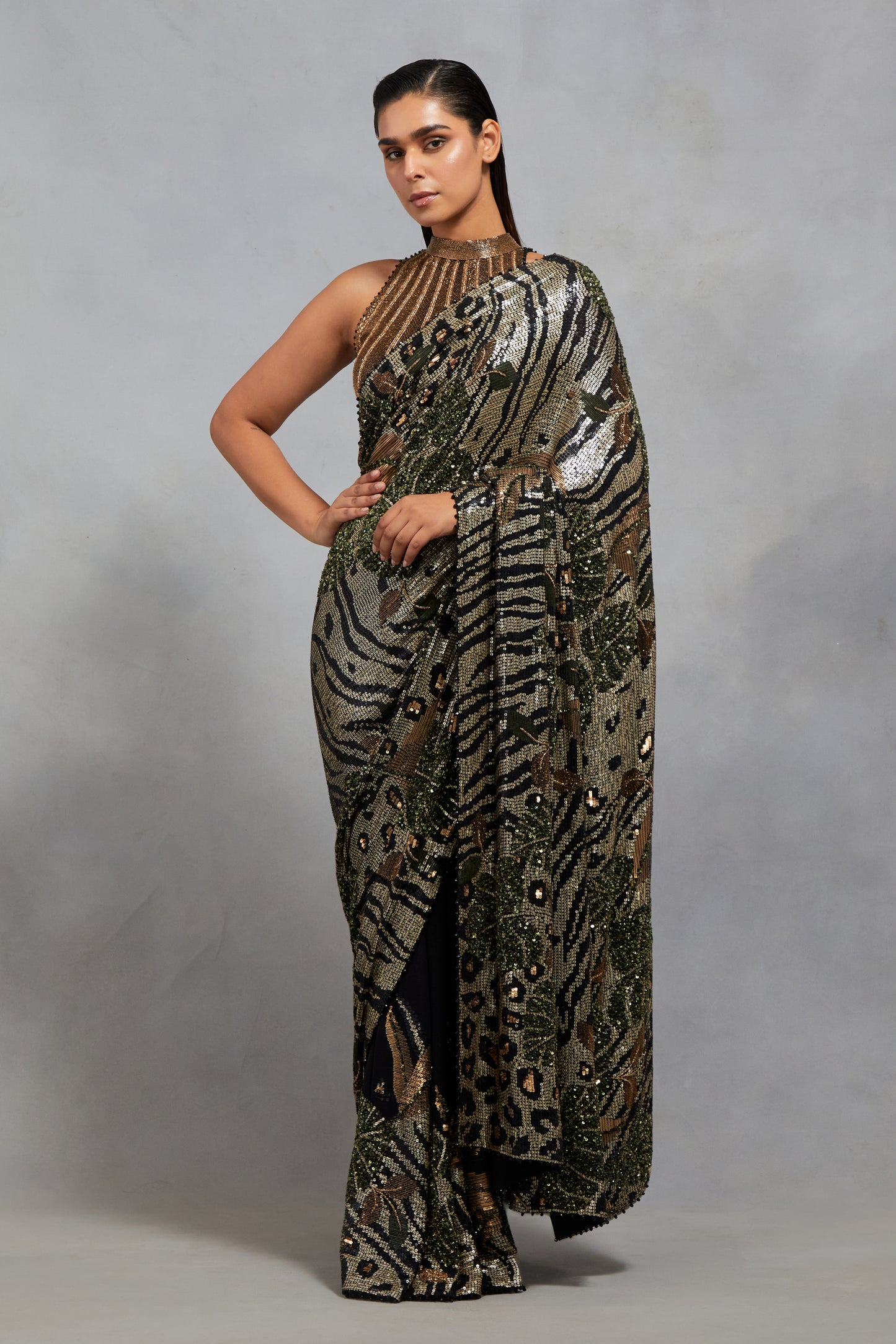 Sari Set in Sequin Embroidery in Animal & Foliage Design Pattern