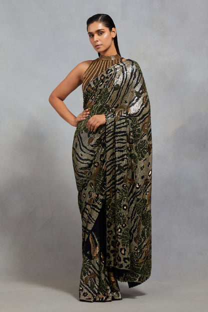 Sari Set in Sequin Embroidery in Animal & Foliage Design Pattern