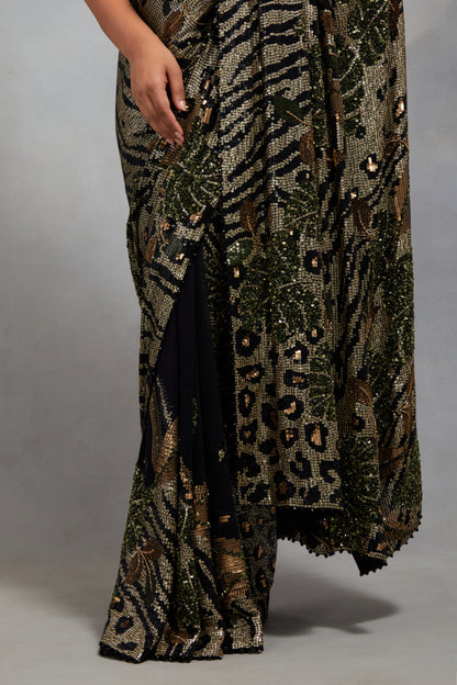 Sari Set in Sequin Embroidery in Animal & Foliage Design Pattern