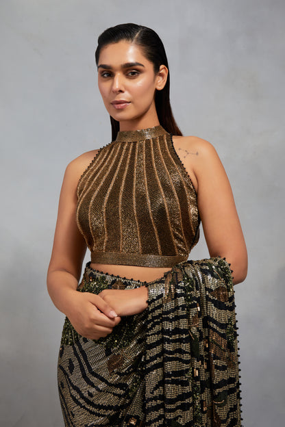 Sari Set in Sequin Embroidery in Animal & Foliage Design Pattern