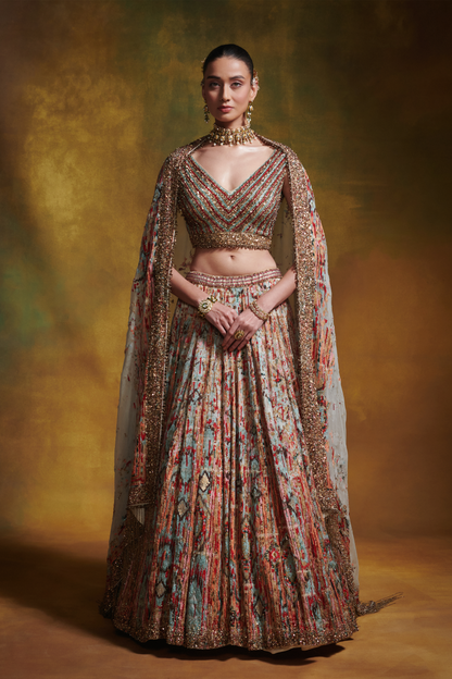 Lehenga Set in Distressed Ikkat Embroidery