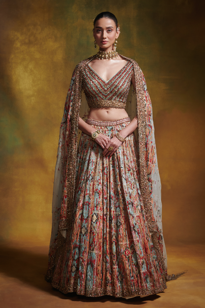 Lehenga Set in Distressed Ikkat Embroidery