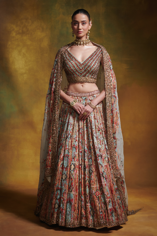 Lehenga Set in Distressed Ikkat Embroidery