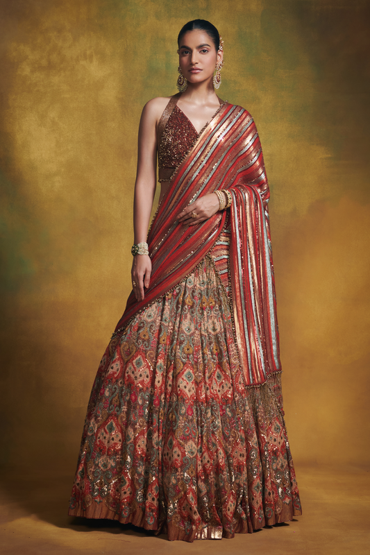 Lehenga Set in Ikkat motifs in thread and Sequin Embroidery