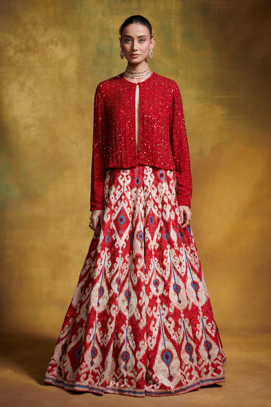 Lehenga Set in Uzbek Ikkat and Beadwork Embroidery