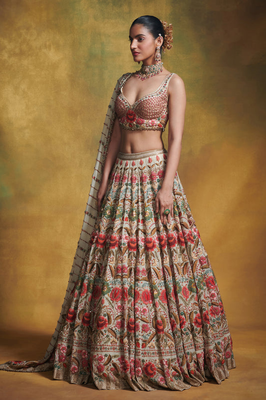 Lehenga Set in Persian Floral motif in thread embroidery