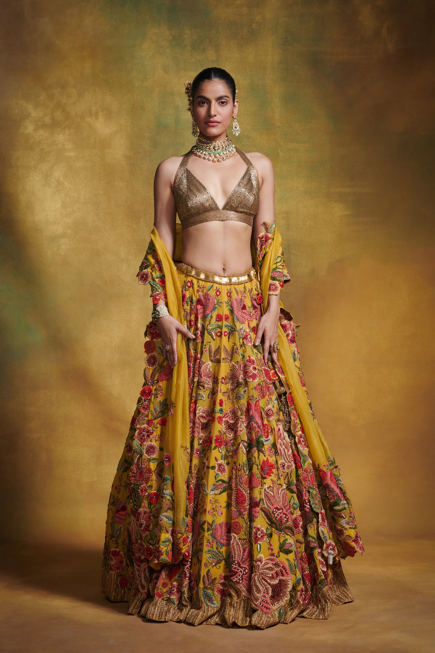 Lehenga Blouse Dupatta in Anchor Garden Thread Embroidery