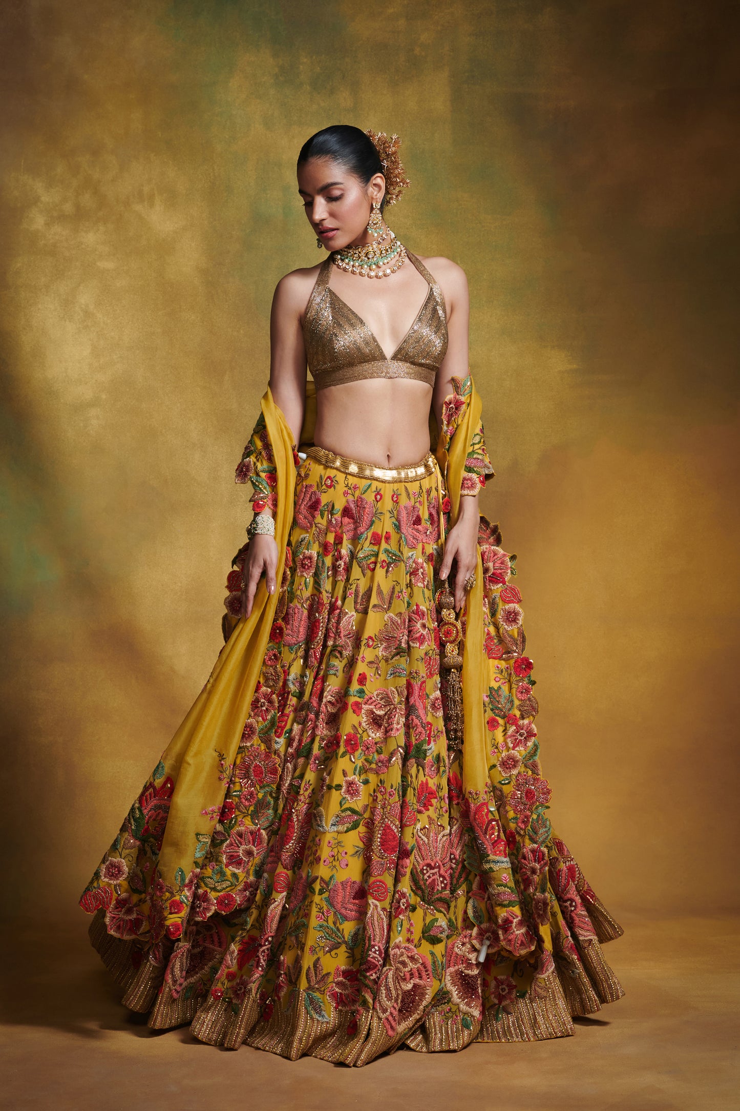 Lehenga Blouse Dupatta in Anchor Garden Thread Embroidery