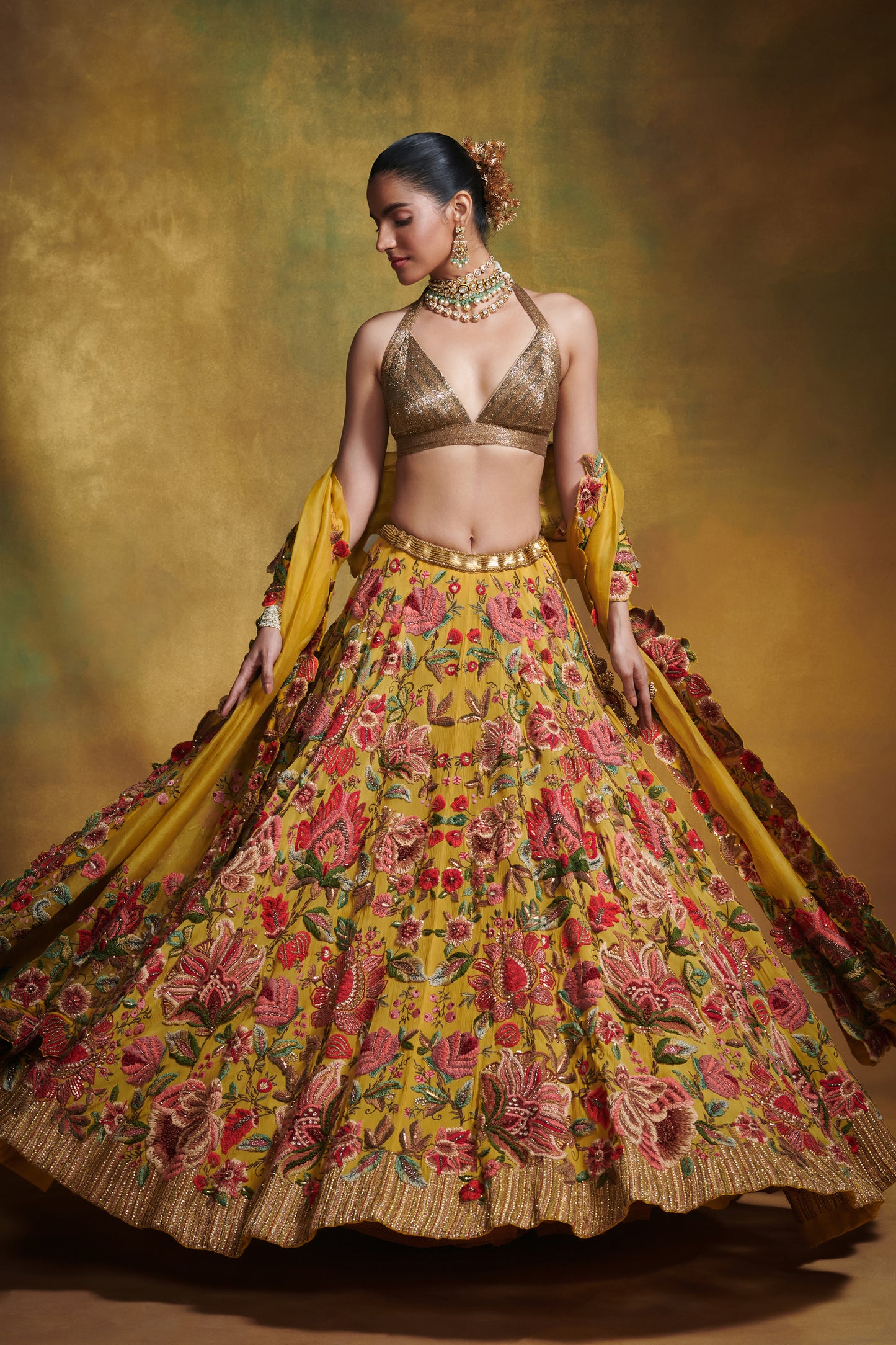 Lehenga Blouse Dupatta in Anchor Garden Thread Embroidery