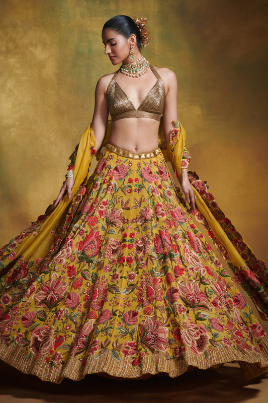 Lehenga Blouse Dupatta in Anchor Garden Thread Embroidery