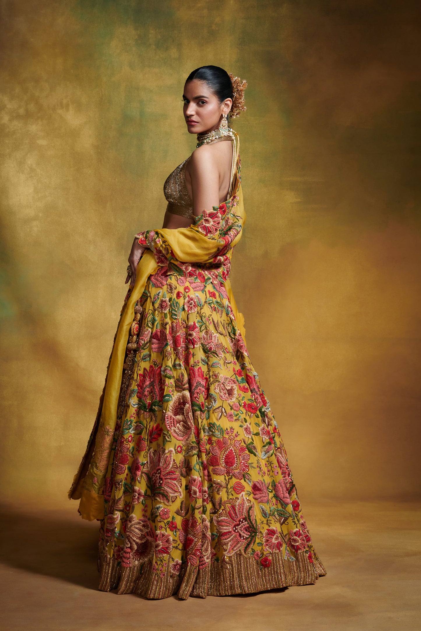 Lehenga Blouse Dupatta in Anchor Garden Thread Embroidery
