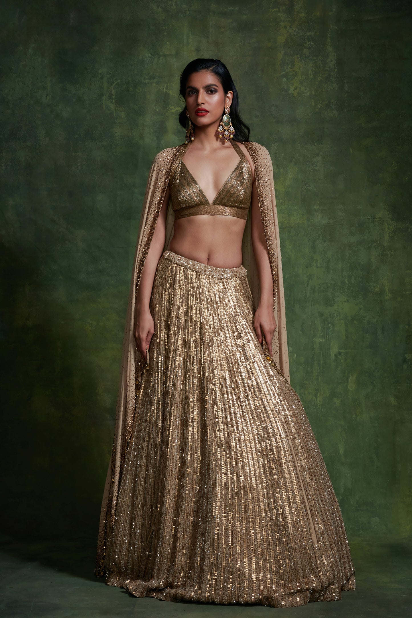 Lehenga, Blouse Cape Dupatta in Mixed Line Sequins Embroidery