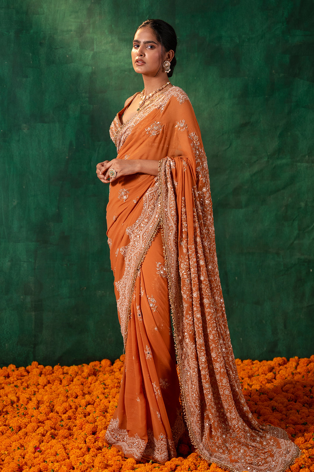 Sari Set with Thread and Mirror Embroidery