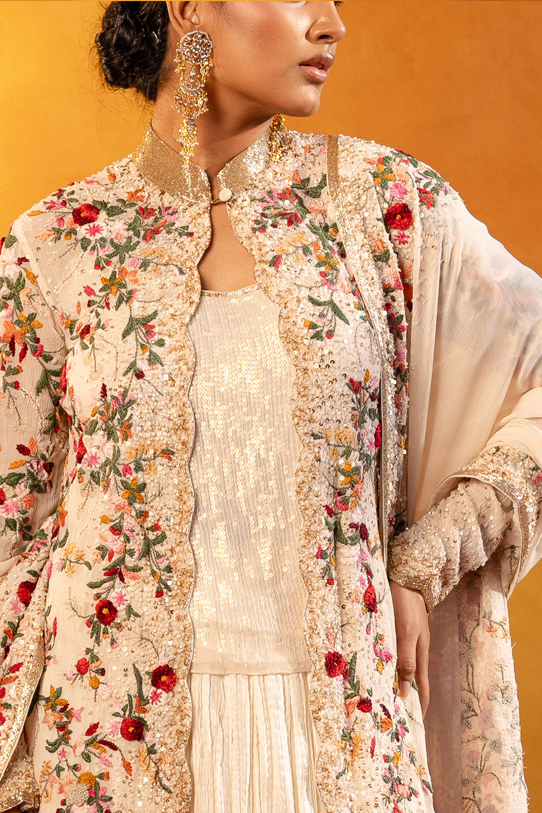 Jacket Set with Anchor Floral Thread Embroidery