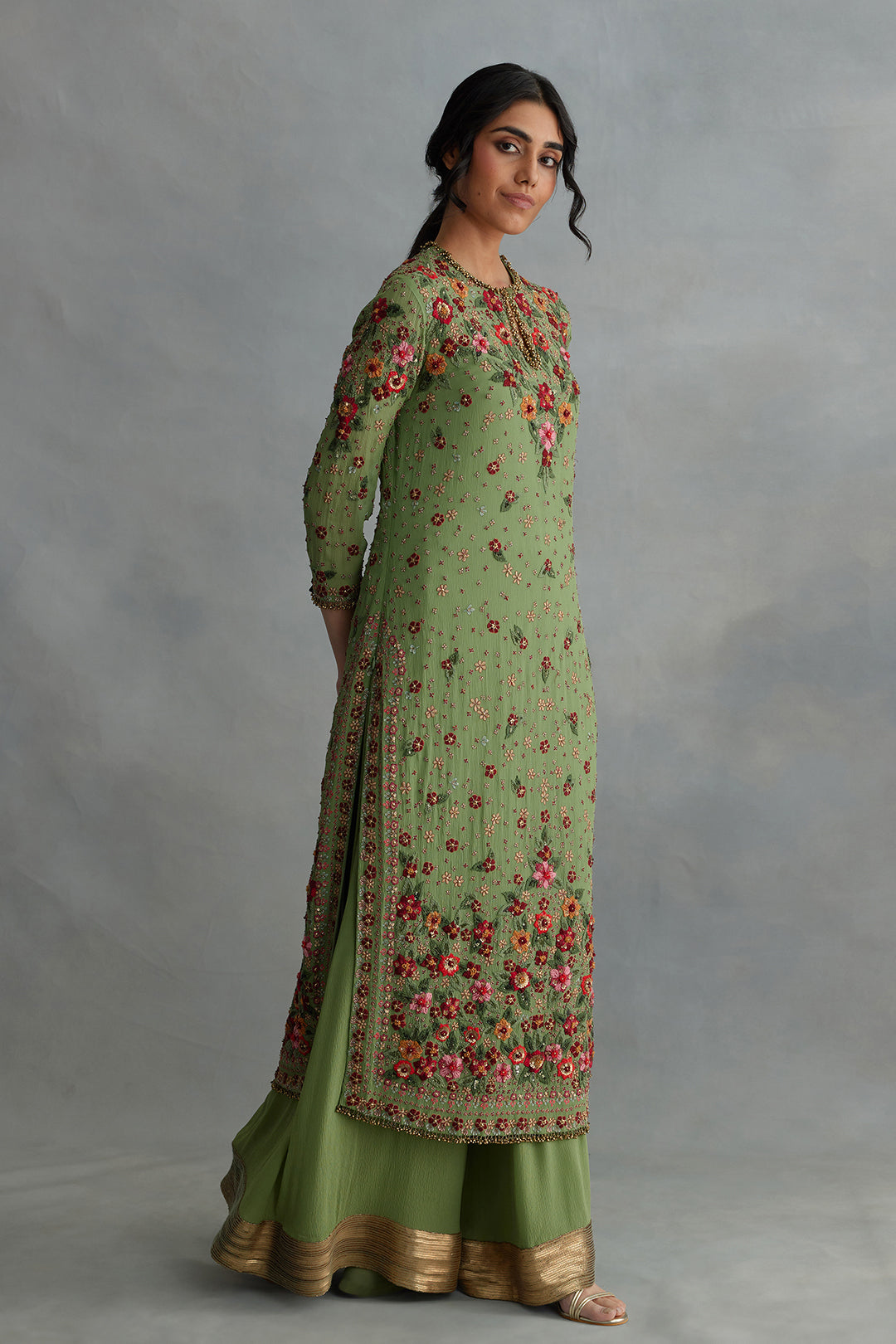 Kurta Set in Floral Multi Thread Embroidery