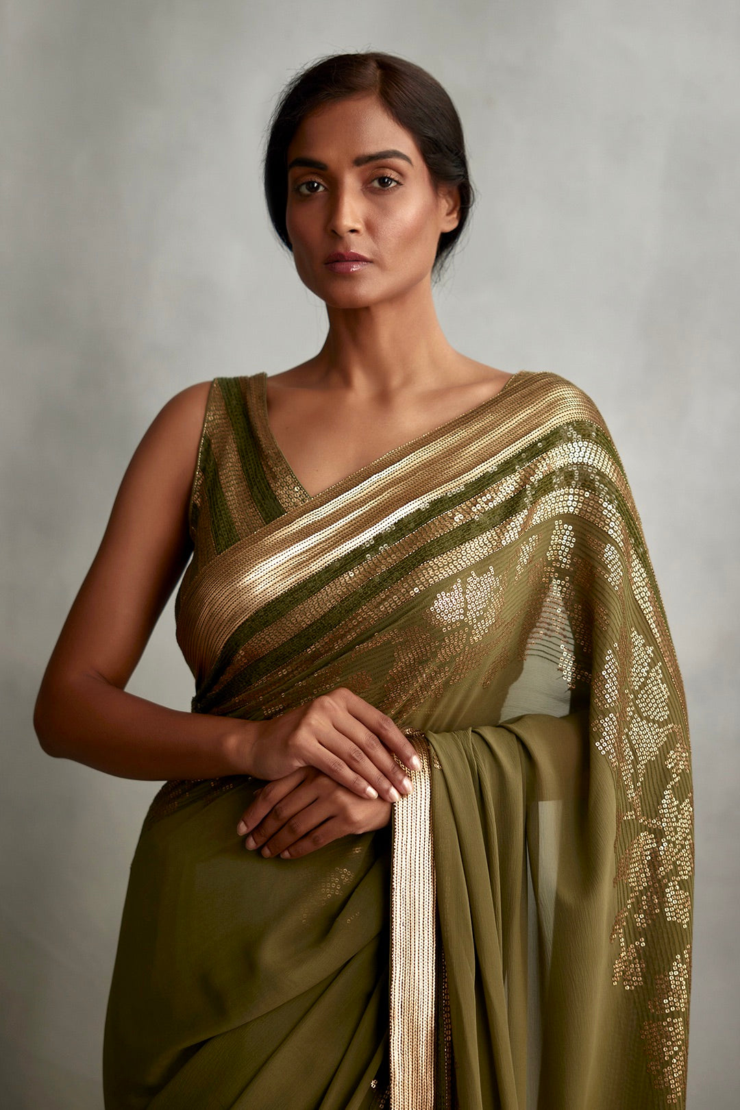 Sari Set in a floral motif in gold sequin embroidery