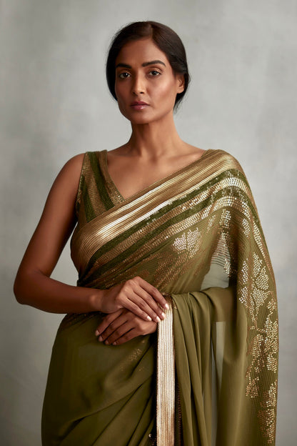Sari Set in a floral motif in gold sequin embroidery