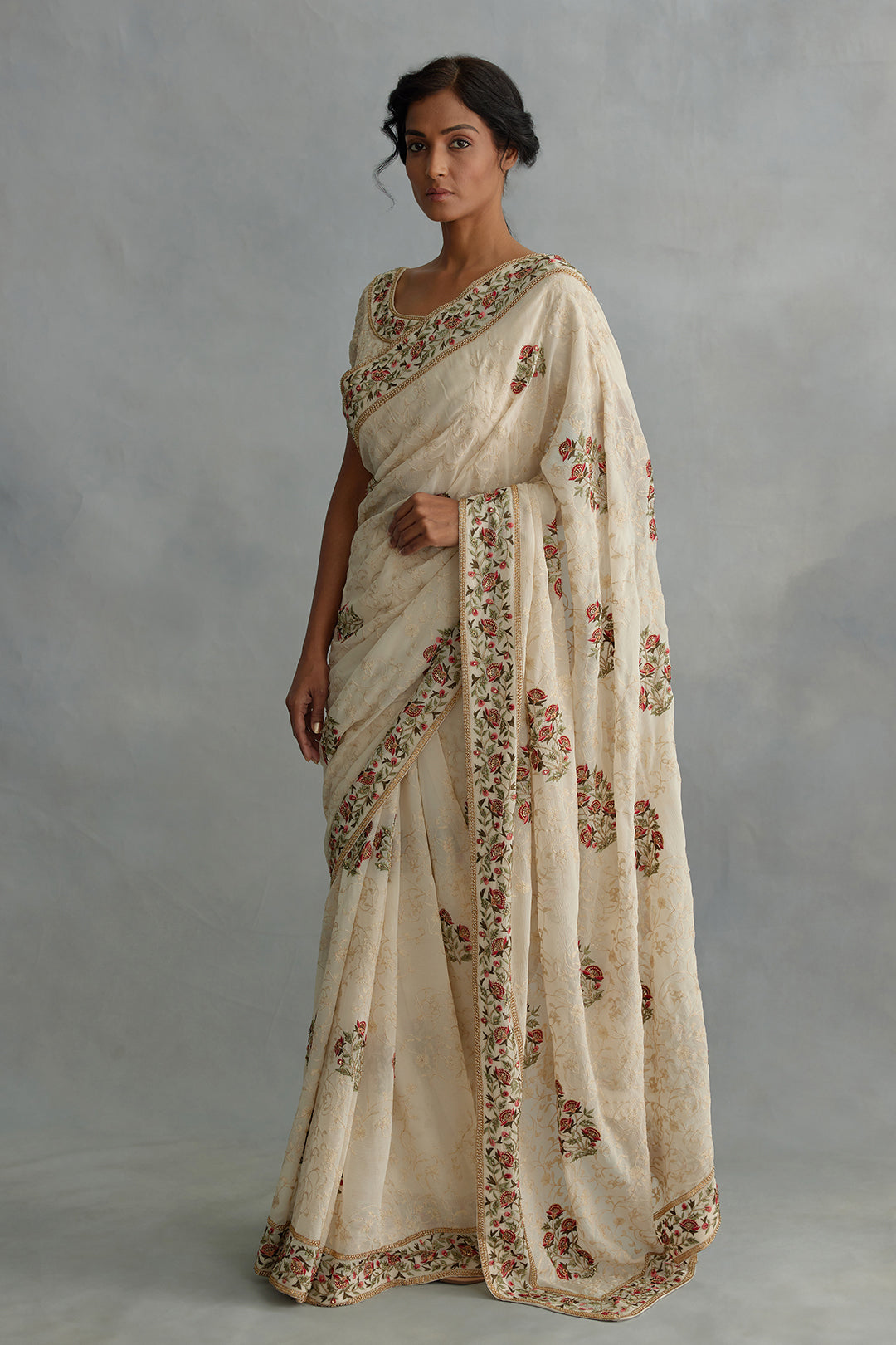 Sari Set in Floral Motif and Tonal Jaal Thread Embroidery