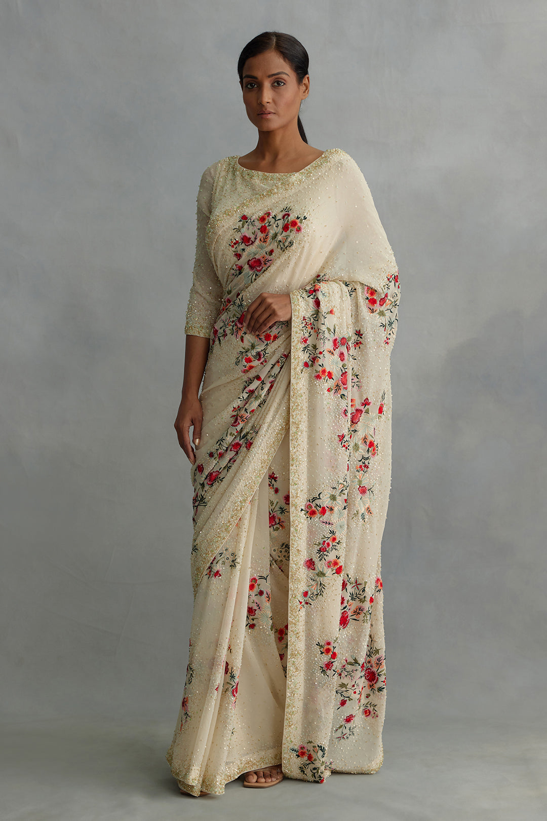 Sari with Floral Thread and Sequin Embroidery