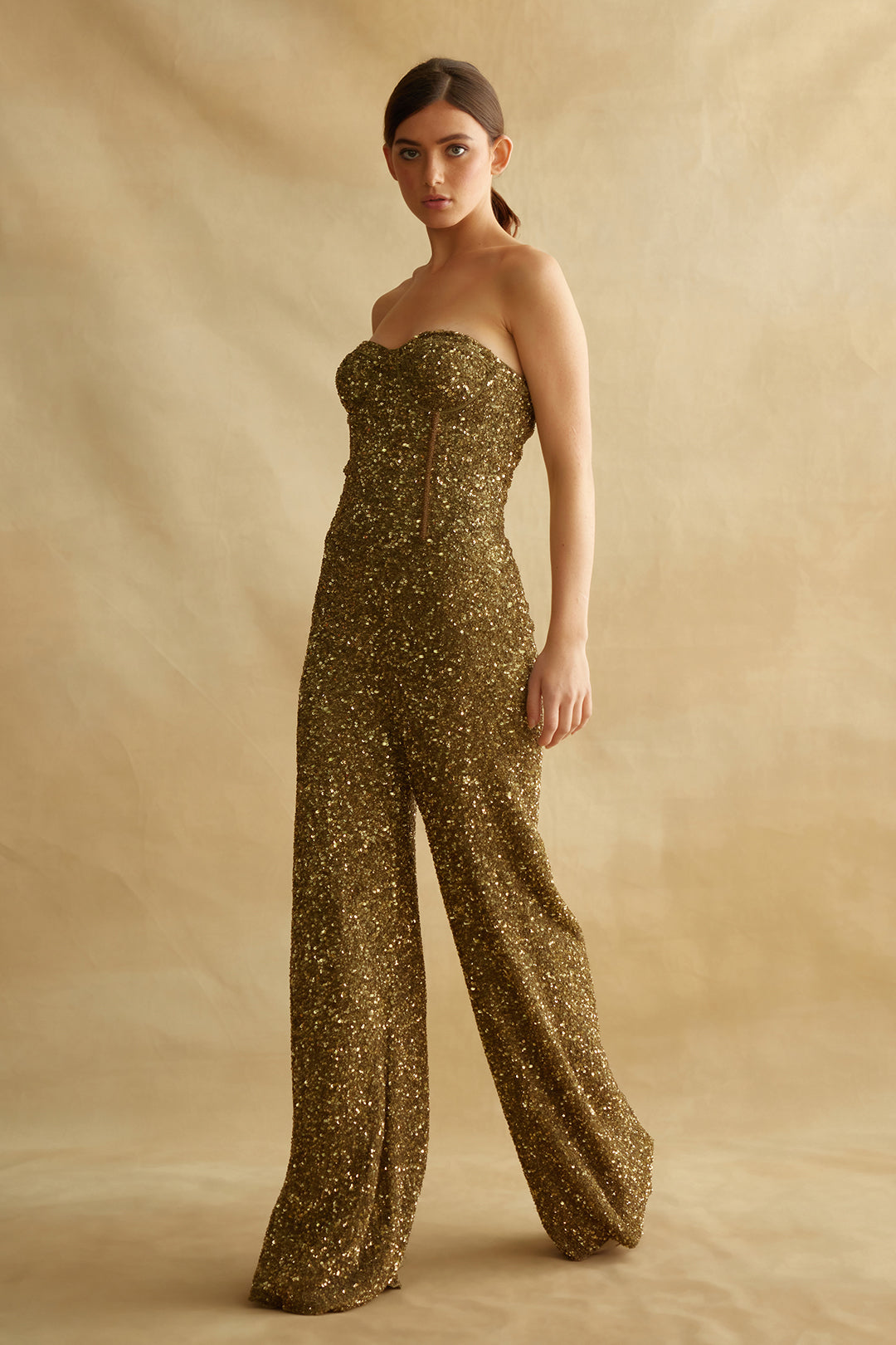 Sequin Jumpsuit with a Capelet  in Sequin Embroidery