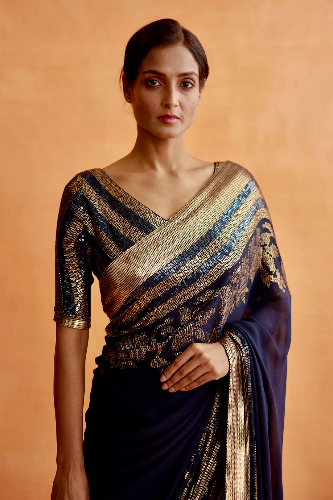 Sari Set in a floral motif in gold sequins