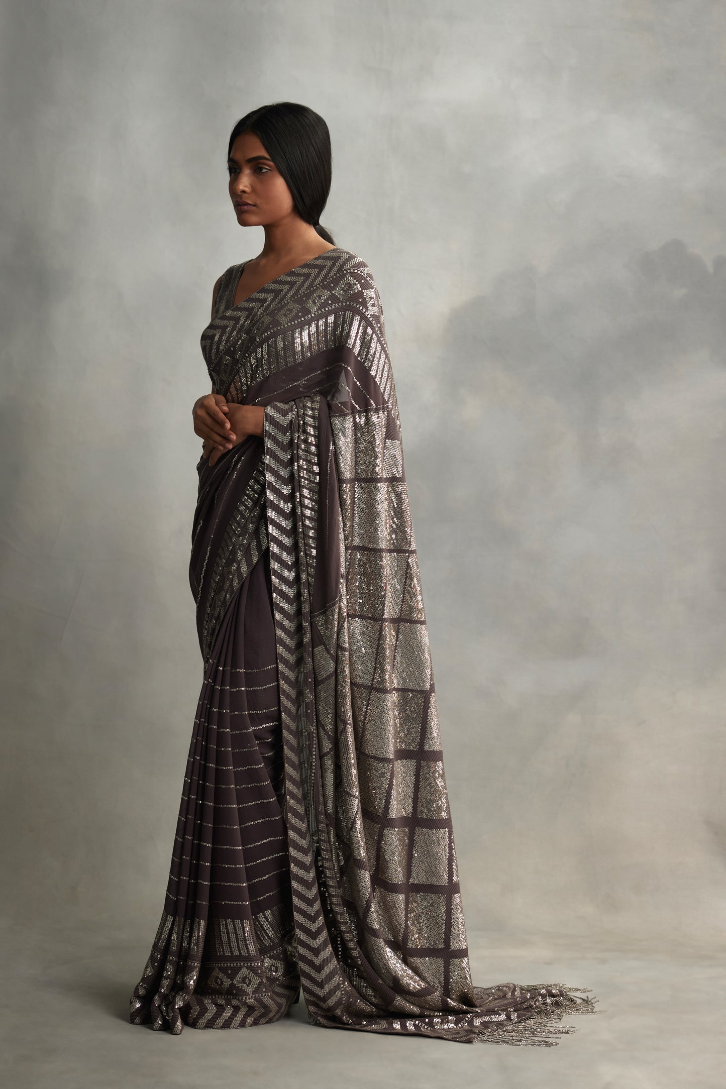 Sari Set in Diamond Design in Small Sequin Embroidery