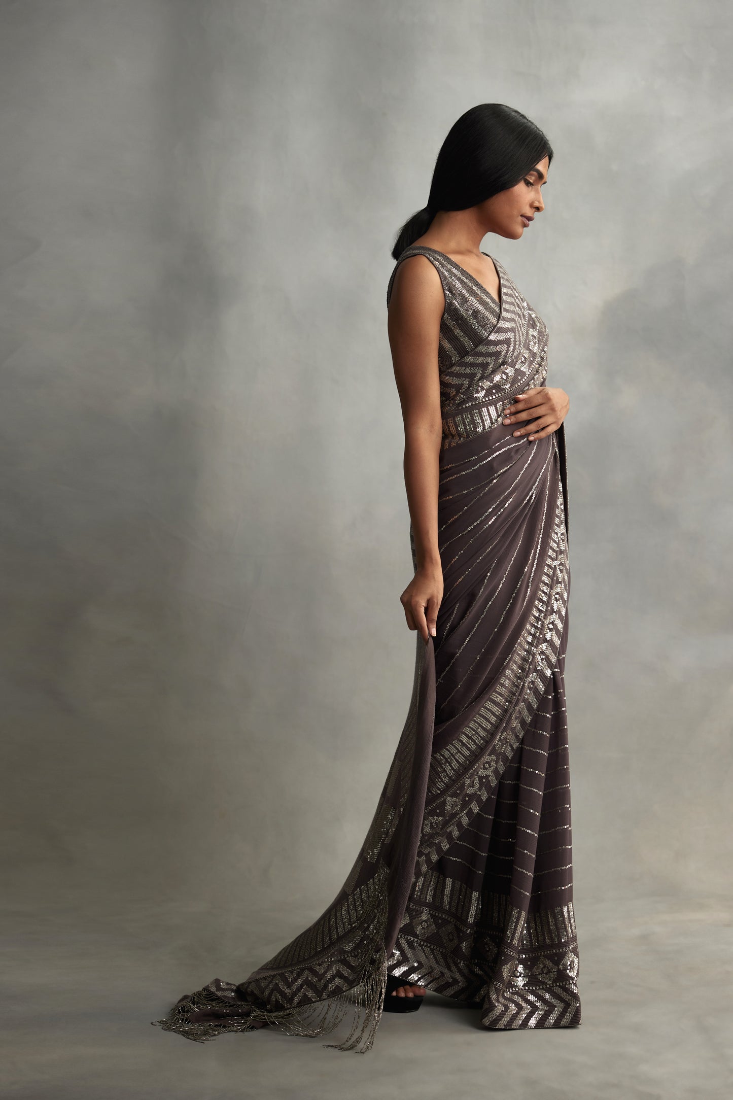 Sari Set in Diamond Design in Small Sequin Embroidery