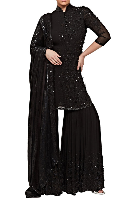 Gharara Set  with tonal 3D Embroidery and Tonal Sequins Embroidery