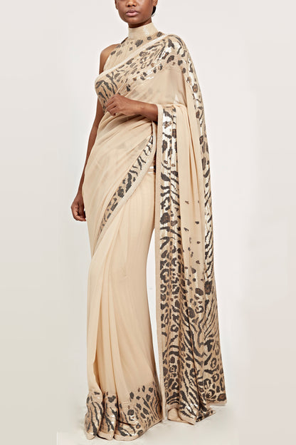 Sari Set with Tiger & Leopard Mix pattern Sequin Embroidery