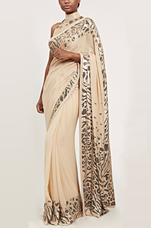 Sari Set with Tiger & Leopard Mix pattern Sequin Embroidery