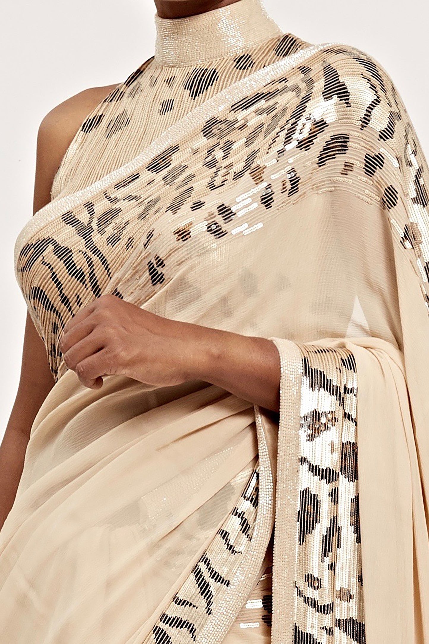Sari Set with Tiger & Leopard Mix pattern Sequin Embroidery