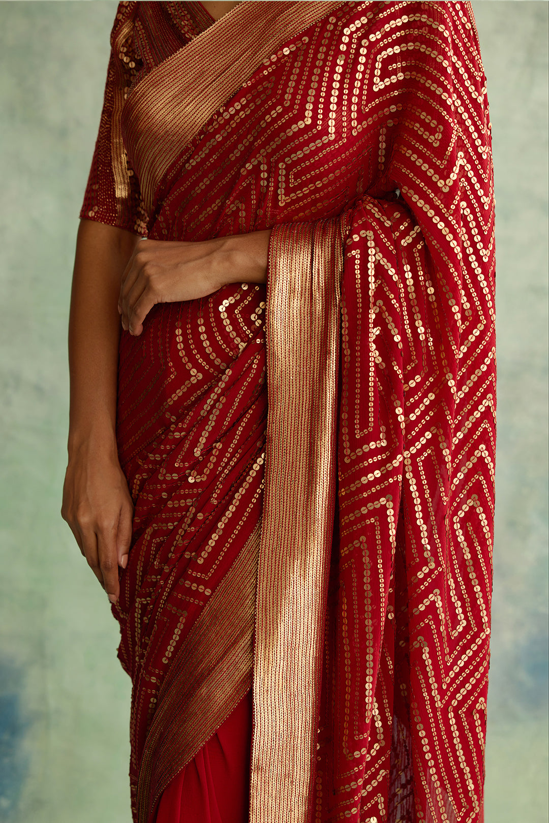 Sari Set in Gold Sequin Embroidery in Maze Design