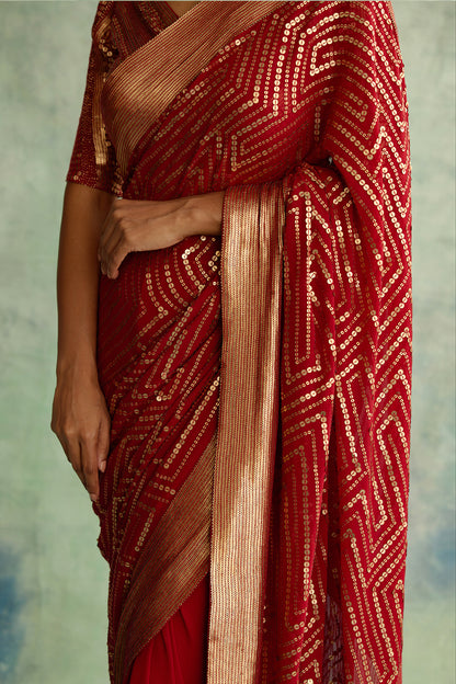 Sari Set in Gold Sequin Embroidery in Maze Design