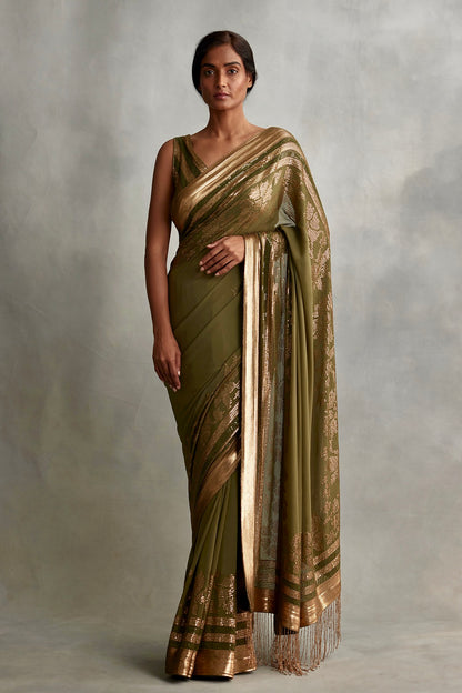 Sari Set in a floral motif in gold sequin embroidery