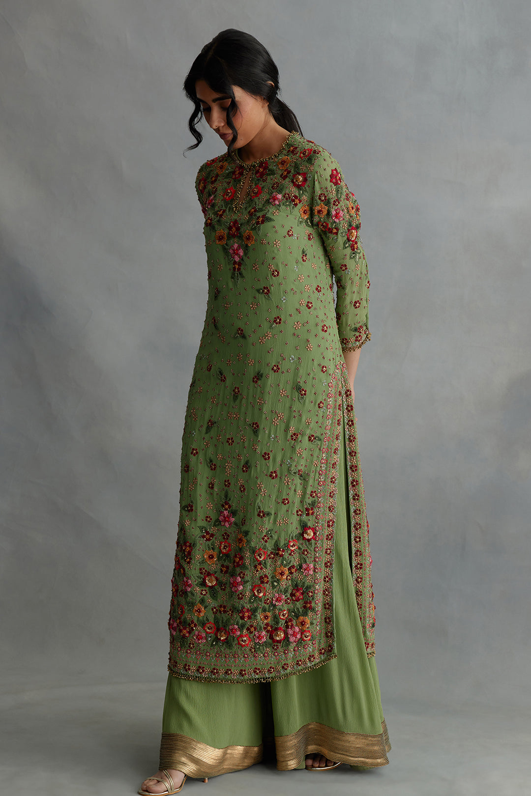 Kurta Set in Floral Multi Thread Embroidery