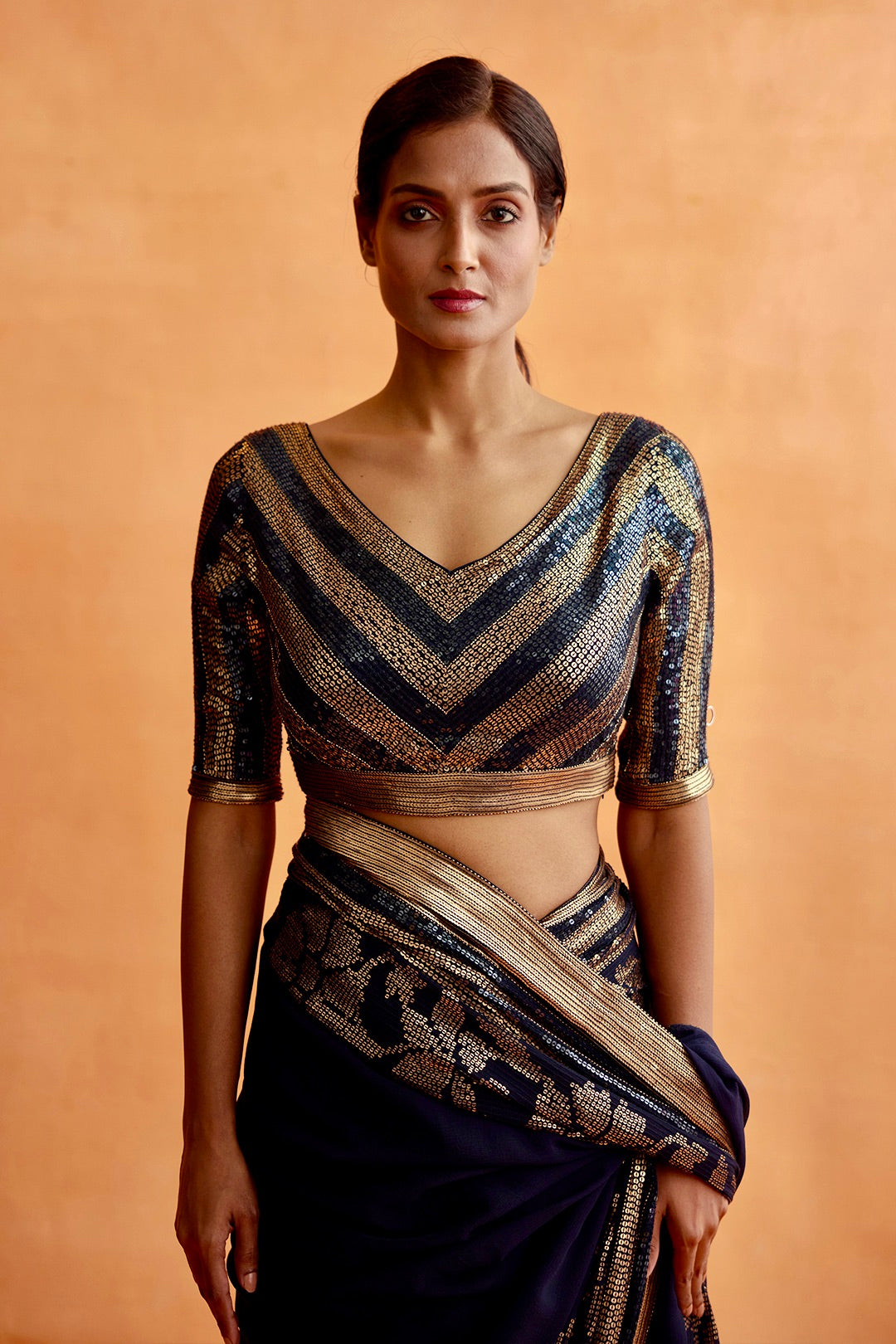 Sari Set in a floral motif in gold sequins